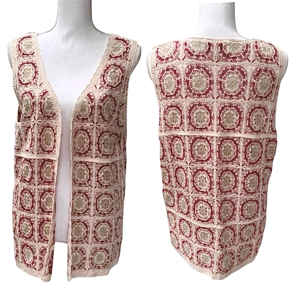 Rachel Zoe Boho Red/Natural Crochet floral open drape Vest Pullover/Cardigan S/M - Picture 2 of 4